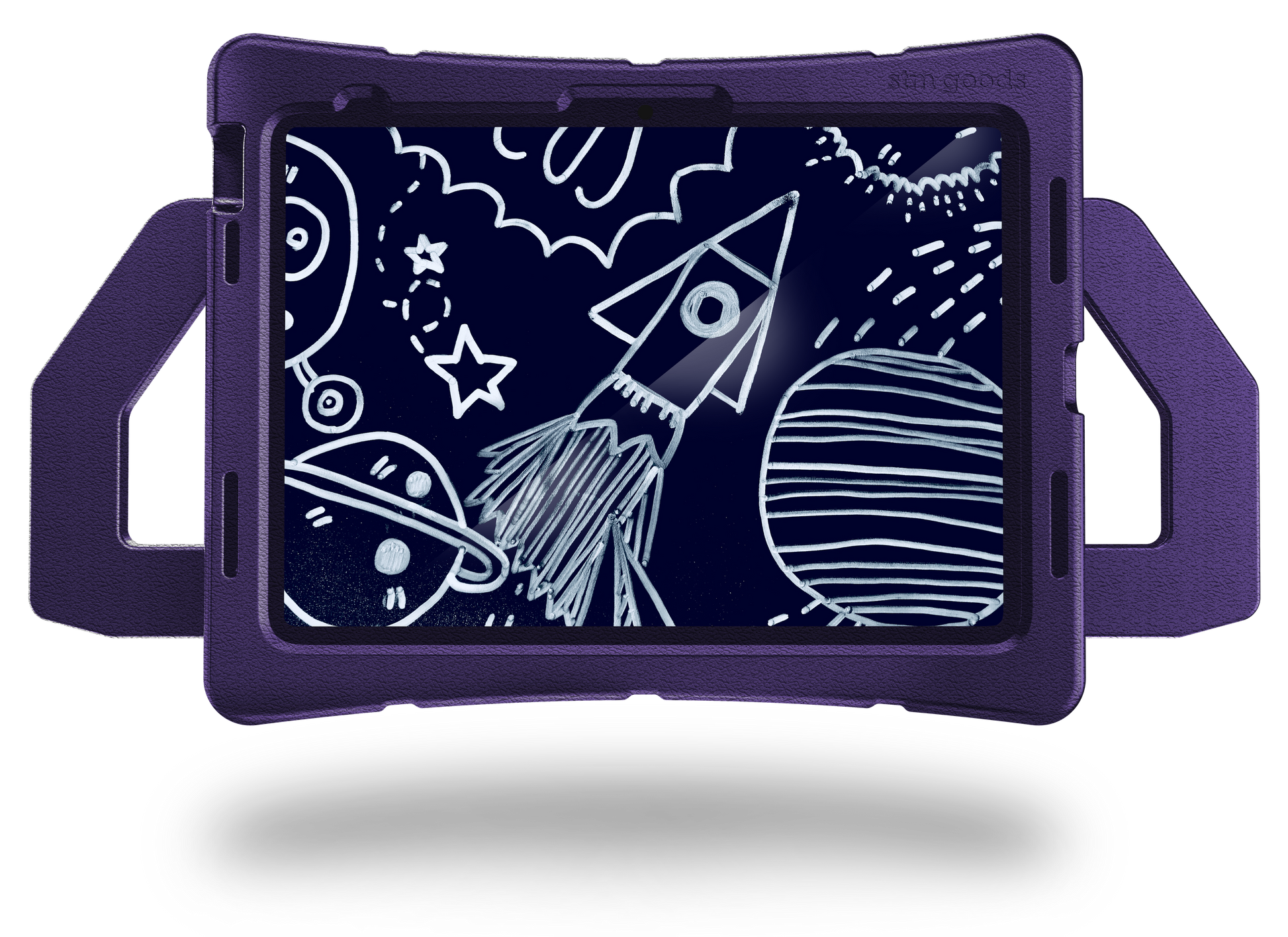 An iPad in an STM Duxling [Purple] case (for A16/10th/11th Gen) by STM displays a doodle of a rocket, planets, and celestial objects on a dark background.