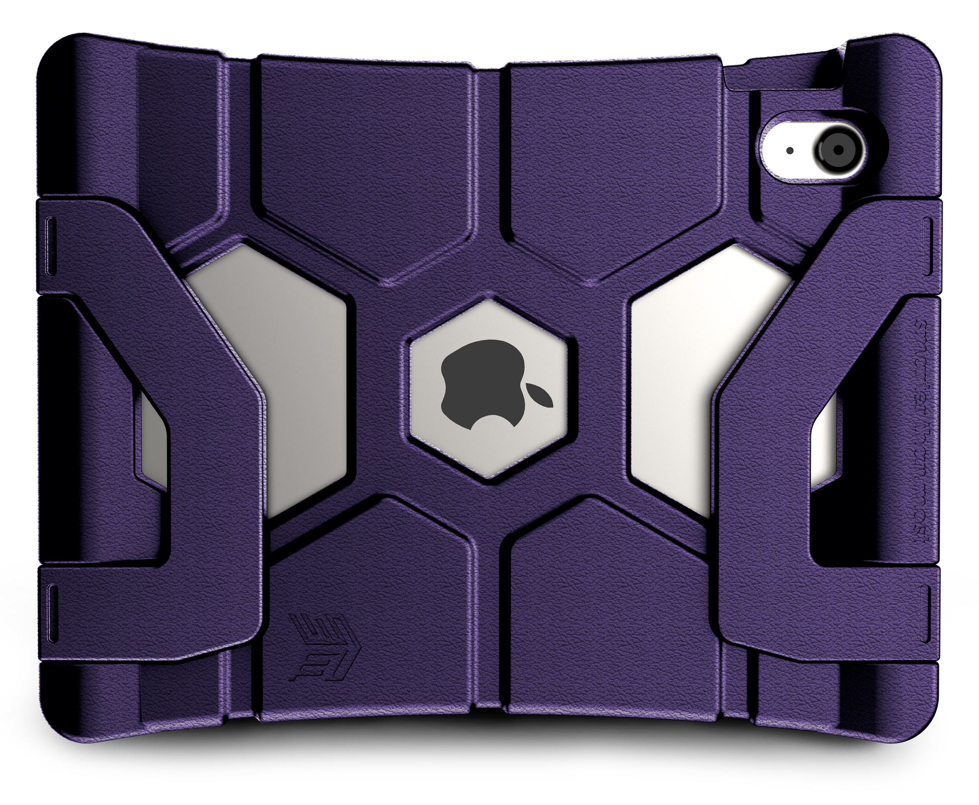 The STM Duxling [Purple] iPad case by STM features angular geometric patterns and cutouts for the Apple logo and camera, providing ultra-protection for iPad A16/10th/11th Gen while showcasing your device’s silver finish.