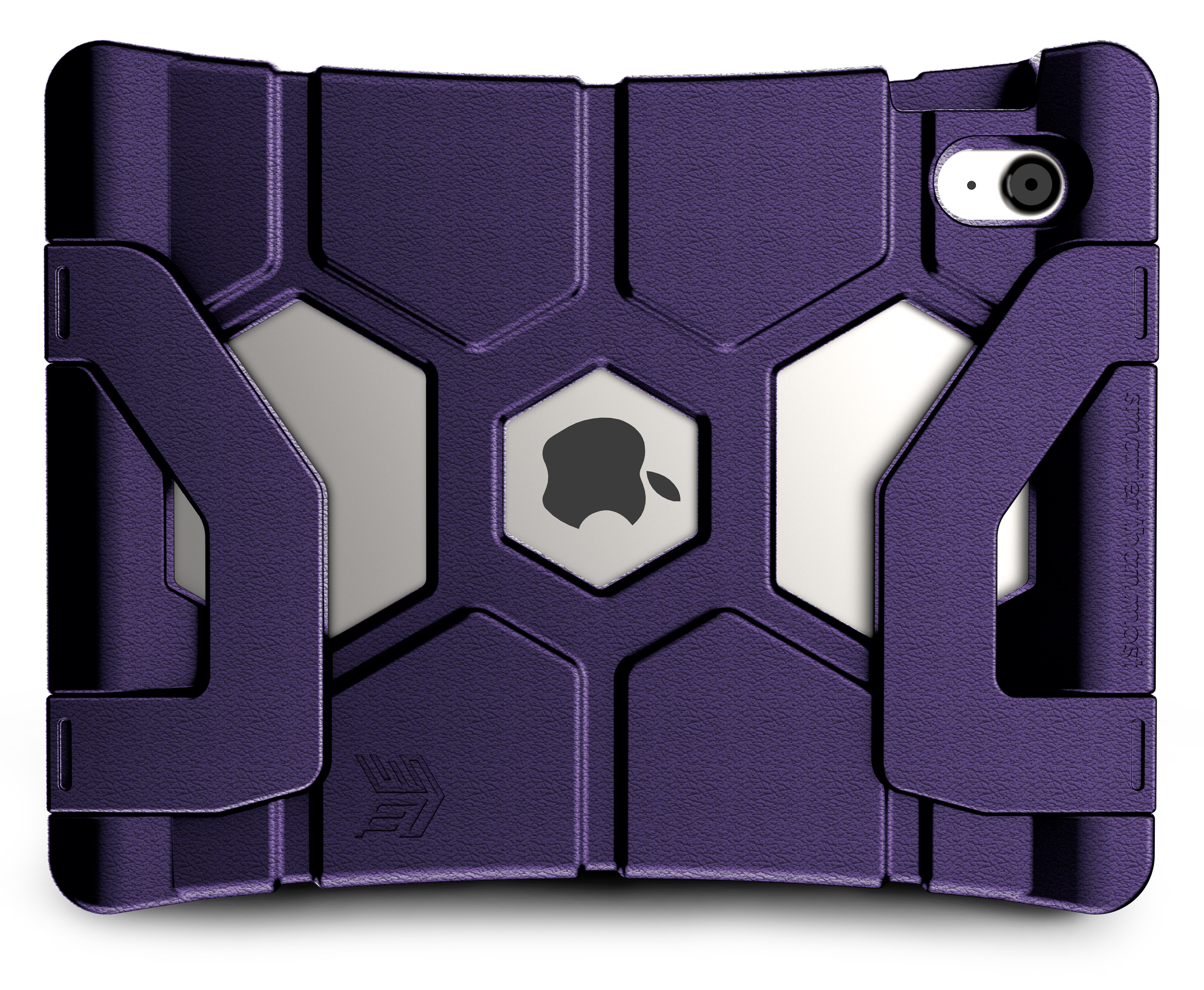 The STM Duxling [Purple] iPad case by STM features angular geometric patterns and cutouts for the Apple logo and camera, providing ultra-protection for iPad A16/10th/11th Gen while showcasing your device’s silver finish.