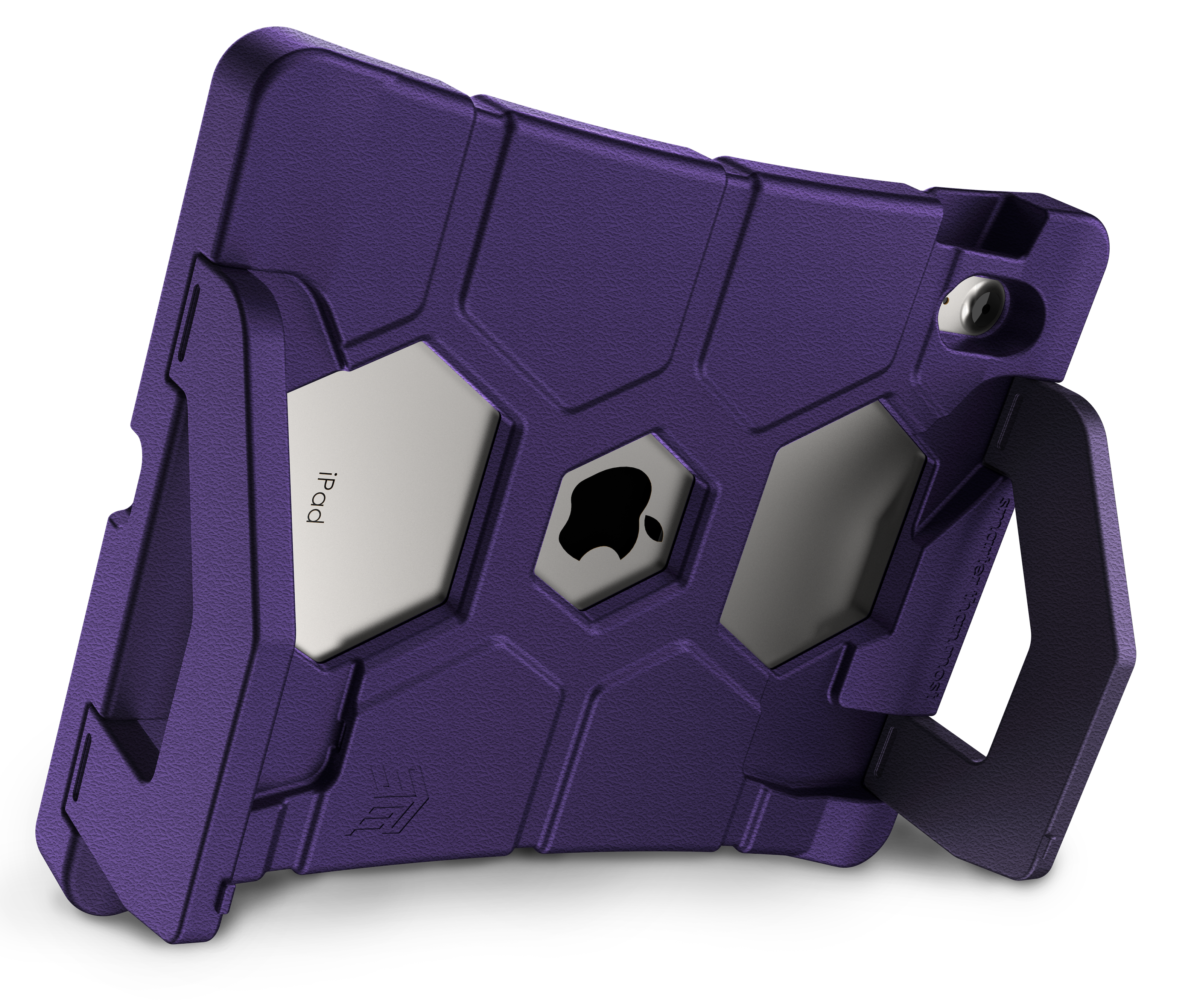 The STM Duxling [Purple] case for iPad A16/10th/11th Gen by STM features rugged, angular edges, a built-in handle, a honeycomb back showing the Apple logo and camera cutout for ultra-protective coverage.