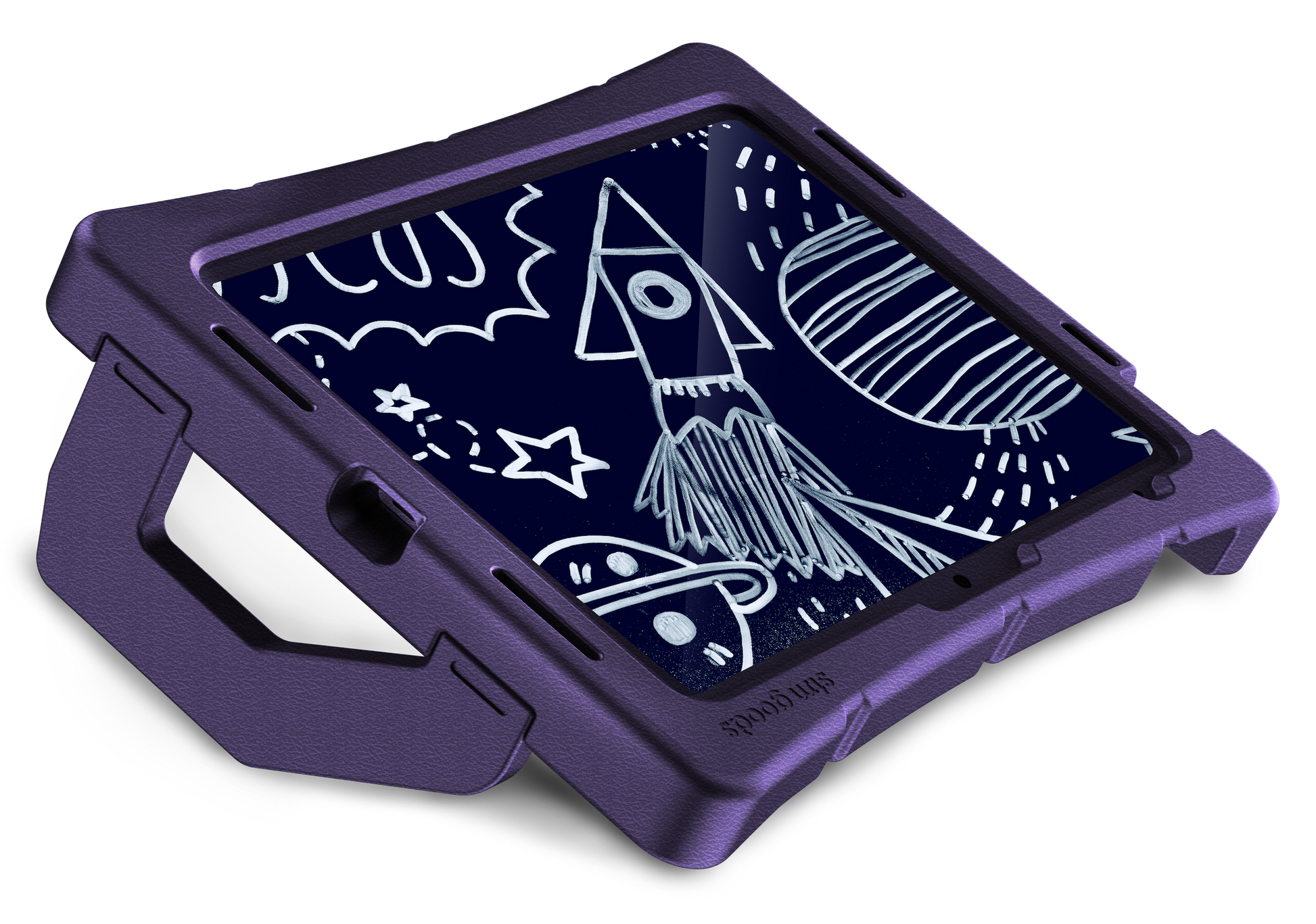 An iPad A16/10th/11th Gen in an STM Duxling [Purple] case displays a white space-themed drawing on a dark blue screen. The ultra-protective STM case features a handle and is propped open.