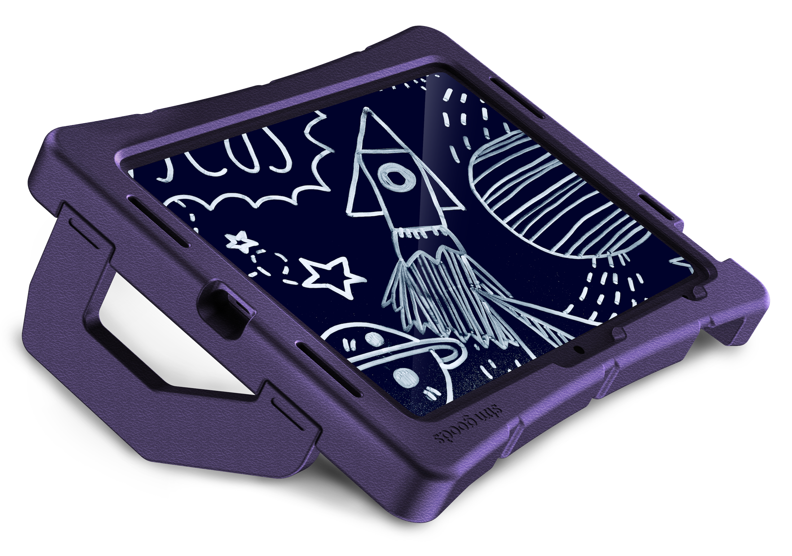 An iPad A16/10th/11th Gen in an STM Duxling [Purple] case displays a white space-themed drawing on a dark blue screen. The ultra-protective STM case features a handle and is propped open.