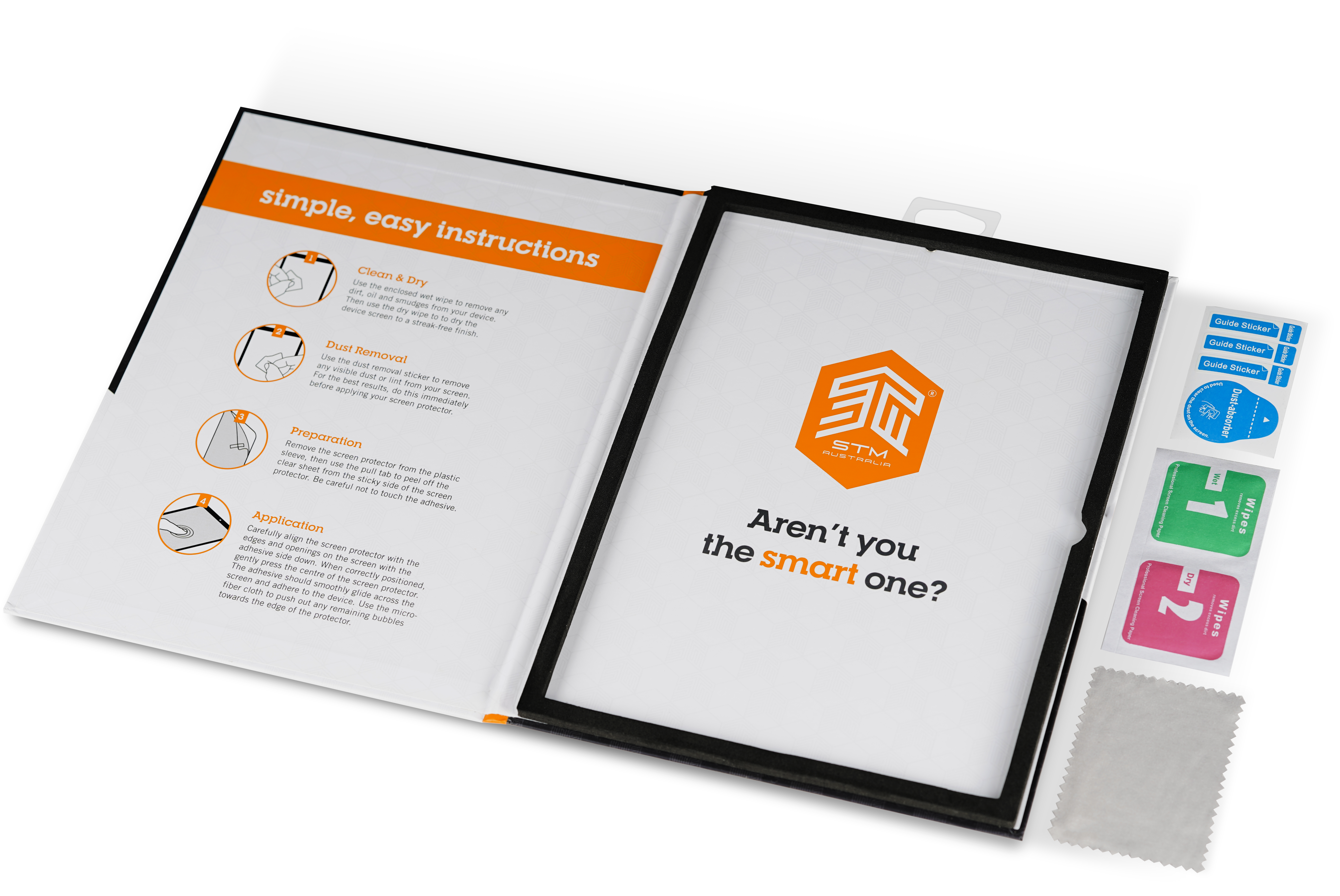 An open STM Glass Screen Protector kit for iPad Pro 11" (1st–4th Gen) and Air (4th–5th Gen) displays instructions on the left, a protector reading "Aren’t you the smart one?" in the center, and wipes, dust removers, and a cloth on the right.