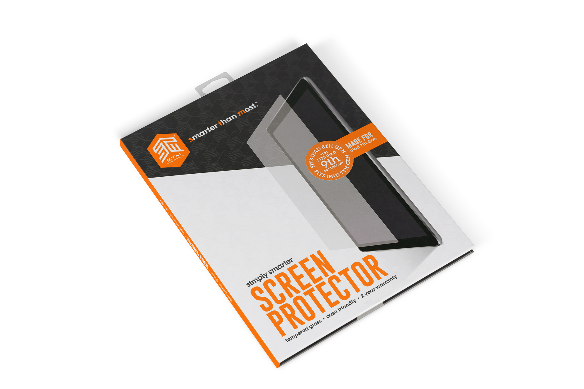 A retail package for the STM Glass Screen Protector (for iPad mini 6, iPad mini (A17 Pro)) lies at an angle. The mostly white box with black and orange accents displays “simply smarter SCREEN PROTECTOR” and “smarter than most.”.