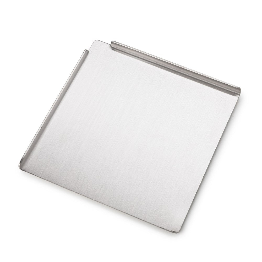 The Rika Sandwich Board (Small) is a square, flat stainless steel dough scraper with a straight edge and an ergonomic bent handle, designed for one-handed use, shown resting on a white background.