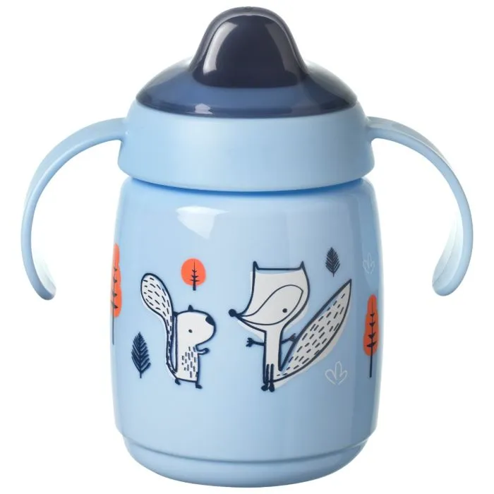 The Tommee Tippee Superstar Training Sippee Cup 300ml is a blue cup with dual handles, a dark blue lid, and an antibacterial spout, featuring fox, rabbit, and orange tree illustrations on the front.