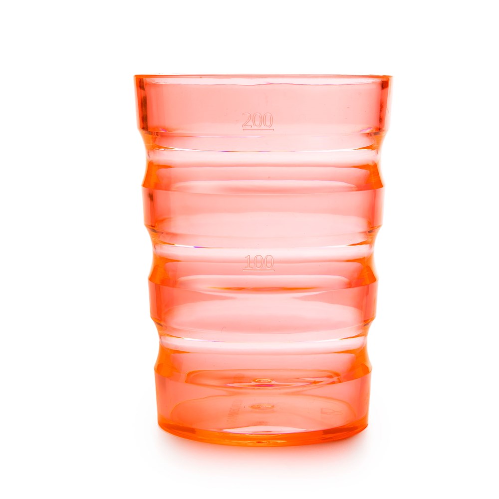 The Rika Sure Grip Mug [Orange] is a translucent, unbreakable polycarbonate mug with horizontal grooves and 100/200 mL markings, shown against a white background.