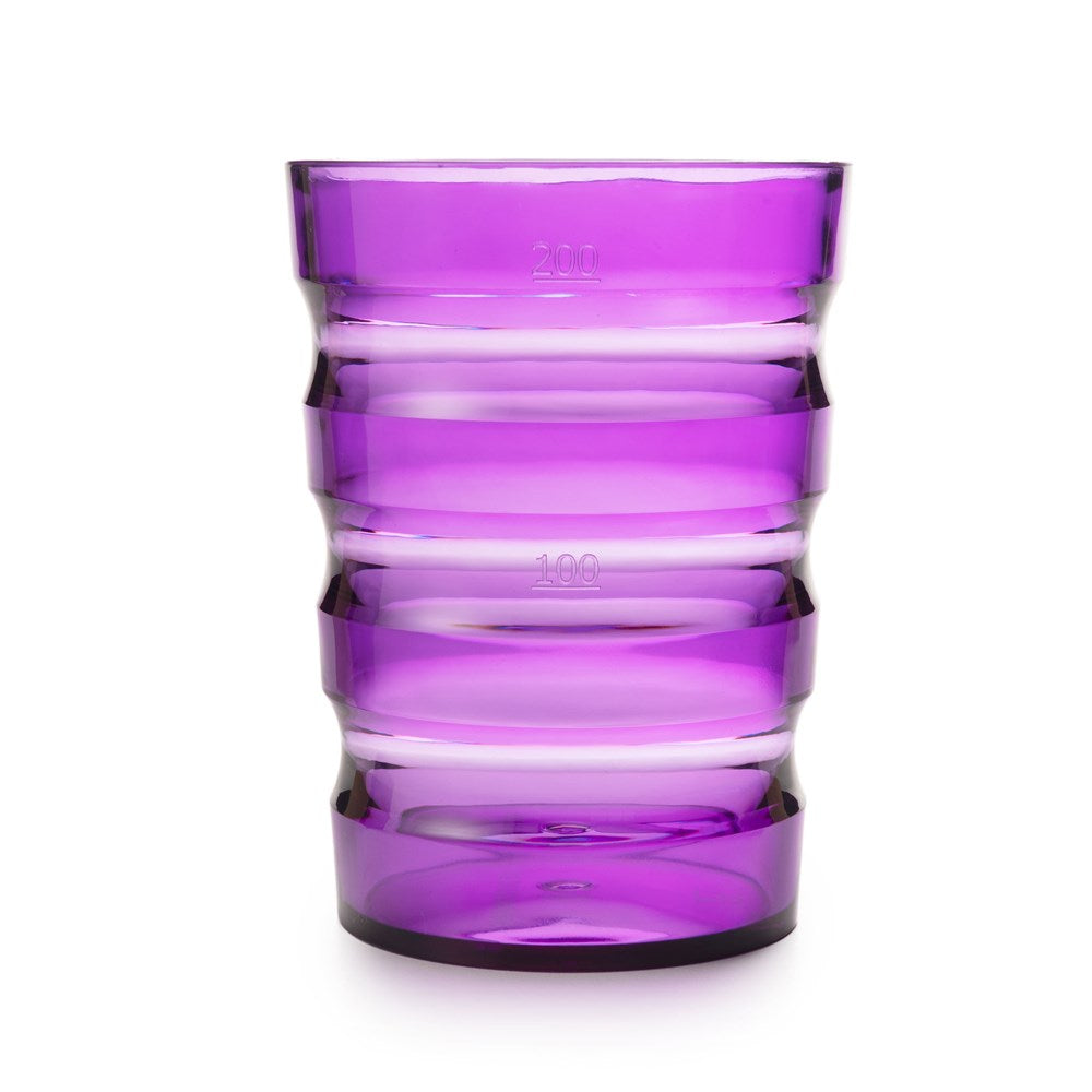 The Rika Sure Grip Mug [Violet] is a translucent, purple drinking aid featuring a ribbed design and 100 ml and 200 ml measurement markings. Made from unbreakable polycarbonate; product shown on a plain white background.