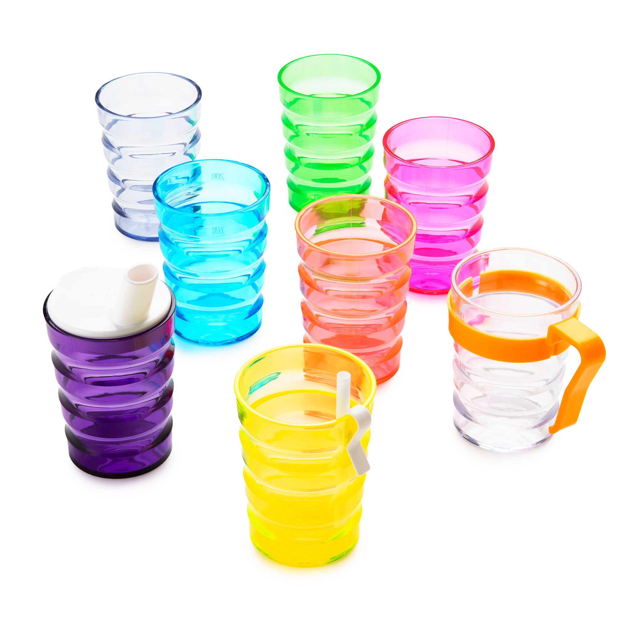 Eight colorful drinking cups, including the Rika Sure Grip Mug [Grey], are arranged on a white background. Some cups have handles or lids with straws and come in purple, blue, green, yellow, orange, pink, clear, and grey.