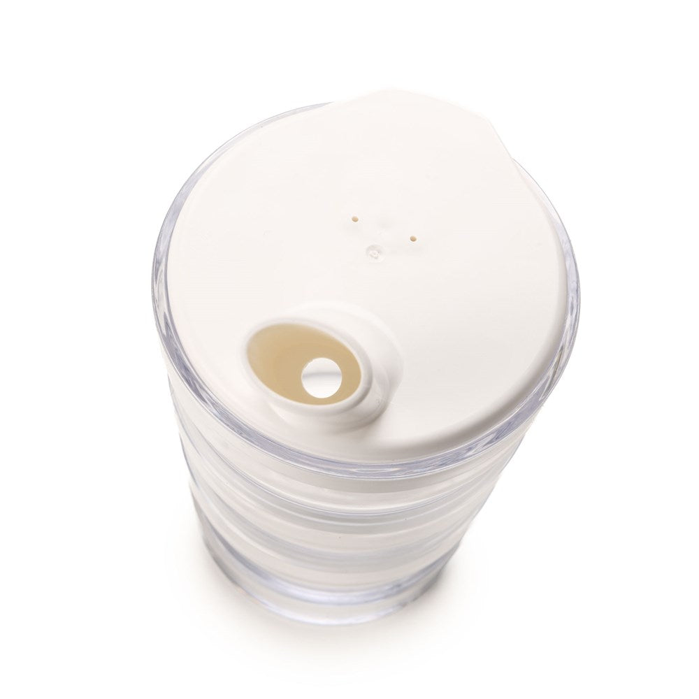 The Rika Drinking Cap (Small Hole) covers a Sure Grip Mug (sold separately) to control fluid intake, featuring a flat, opaque lid with a straw hole and air holes—perfect for those with limited mobility.