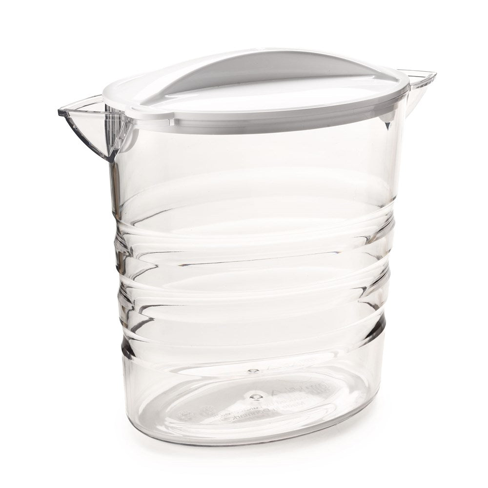 The Rika Sure Grip Jug is a clear plastic pitcher with a white lid and spout, featuring horizontal ridges for secure grip. Lightweight and modern, it’s shown against a plain white background.