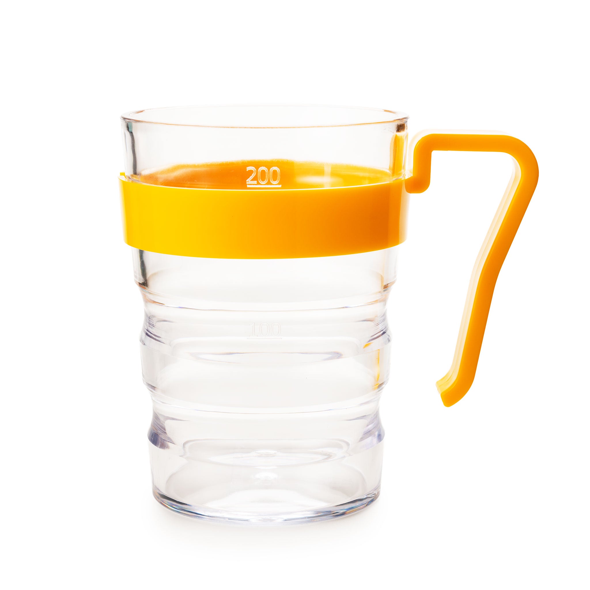 The Rika Sure Grip Handle Accessory, from Rika, is shown on a clear glass cup with a yellow handle and band plus a 200 ml mark—an ergonomic aid for users with limited hand strength, set against a white background.
