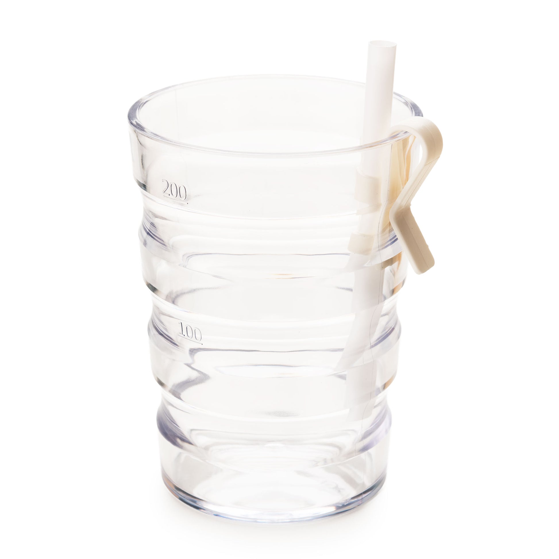 The Rika Straw Holder features a white straw secured by a cream-colored clip on a clear, textured cup with measurement markings—an assistive drinking accessory ideal for those with limited mobility, shown on a white background.