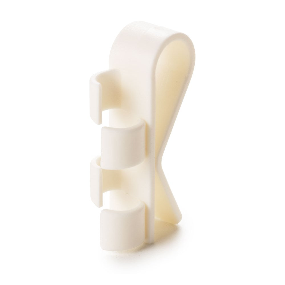 The Rika Straw Holder is a white plastic accessory with three rounded prongs and a curved, ribbon-like design—an ideal assistive drinking aid for individuals with limited mobility.