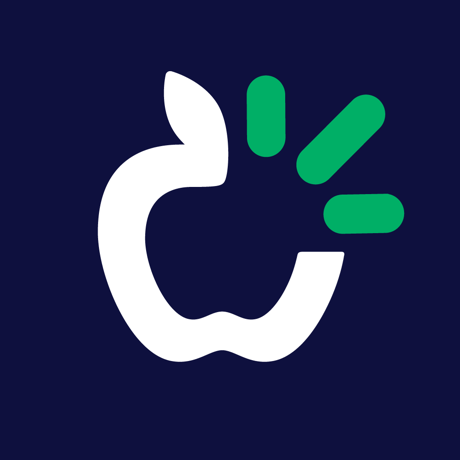 A white apple outline with a bite and three green rays on dark blue, ideal as a visual for the Assistive Tech TD Snap AAC App for iPad blog.
