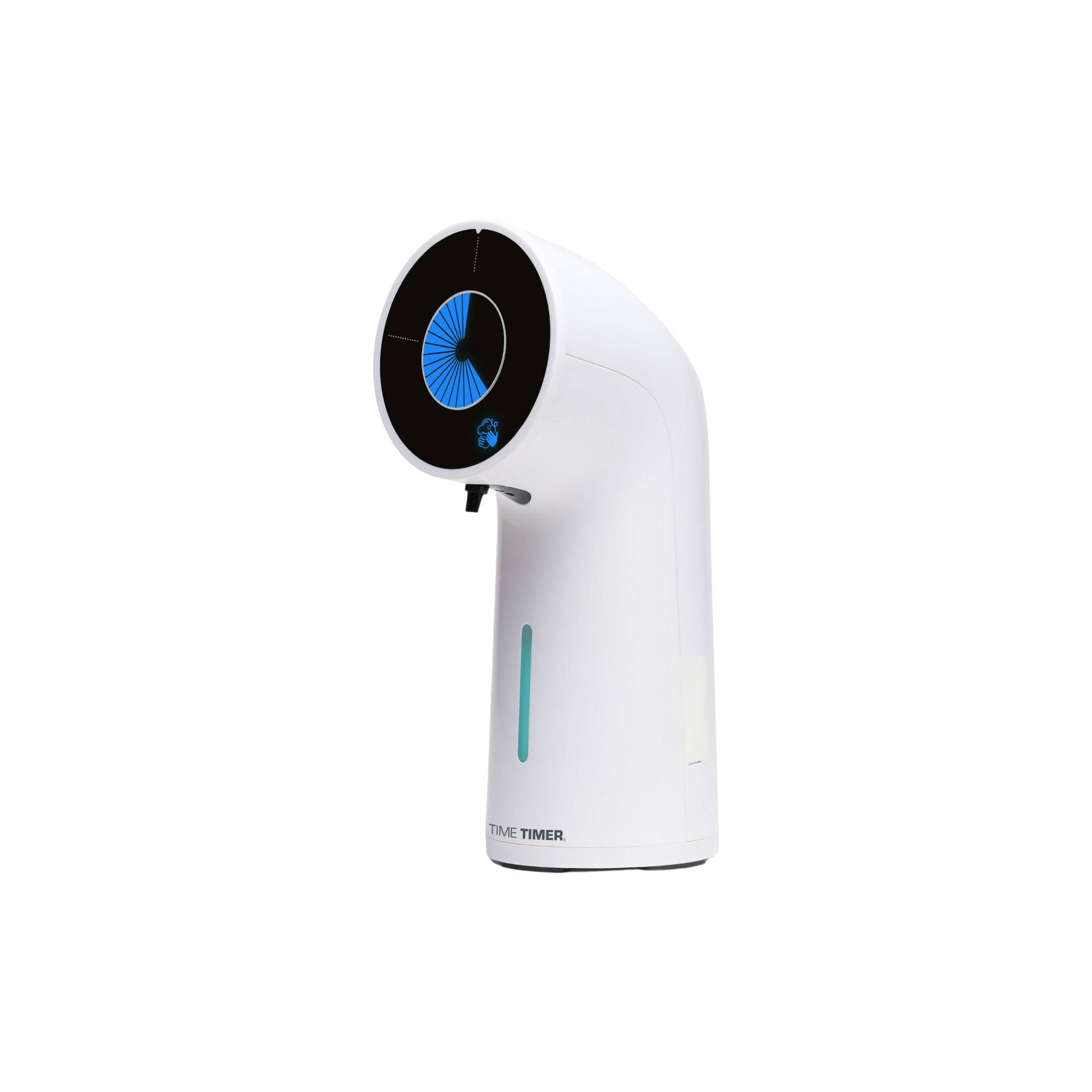 The Time Timer PRO Applied Soap Dispenser Timer by Time Timer is a modern white device with a circular black display showing a blue countdown graphic. It stands upright on any flat surface—ideal for use with your automatic soap dispenser.