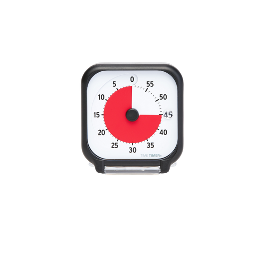 The Time Timer Original (3 Inch) Pocket by Time Timer is a square black countdown timer with a red disk, shows 45 minutes left, and has numbers from 0 to 55 marked at 5-minute intervals around the face.