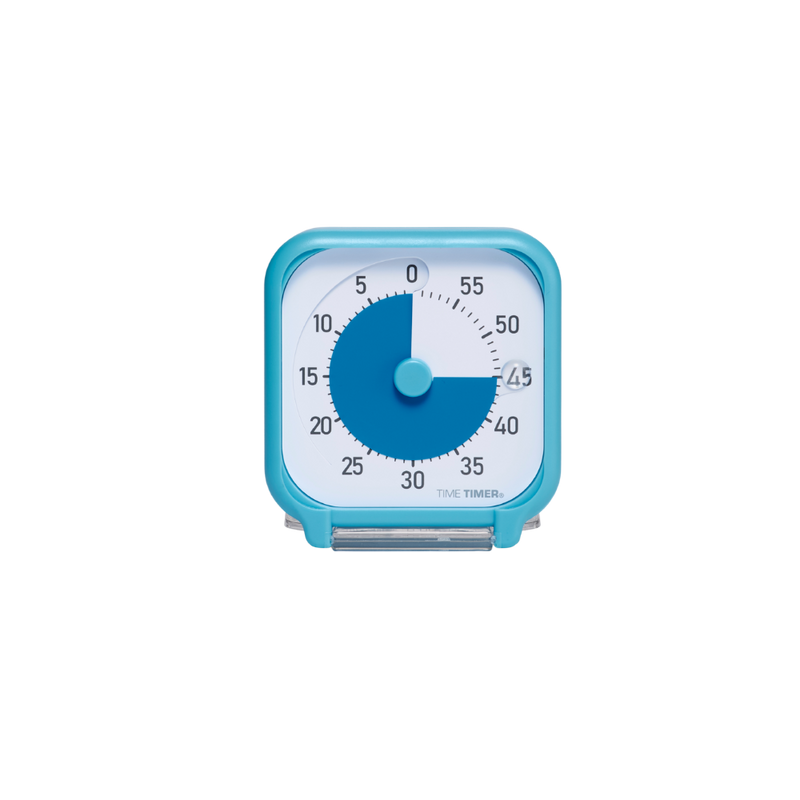 A blue Time Timer Original (3 Inch) Pocket by Time Timer shows 45 minutes left, with a blue disk covering most of the white face.
