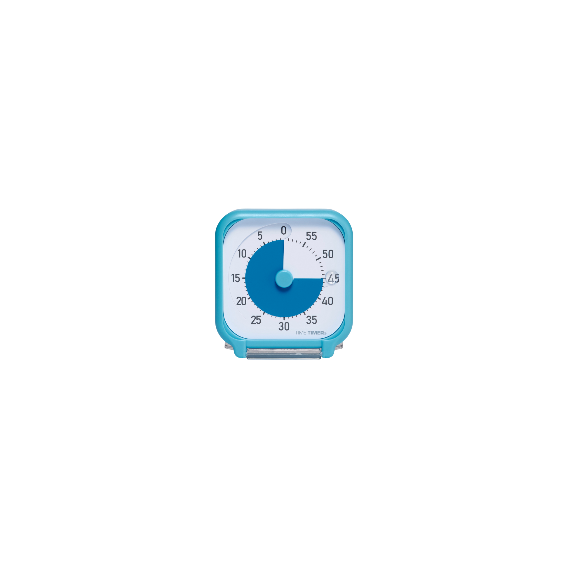 The Time Timer Original (3 Inch) Pocket [Blue] by Time Timer is a blue and white square visual timer set to 30 minutes, featuring a blue disk that shows the remaining time.