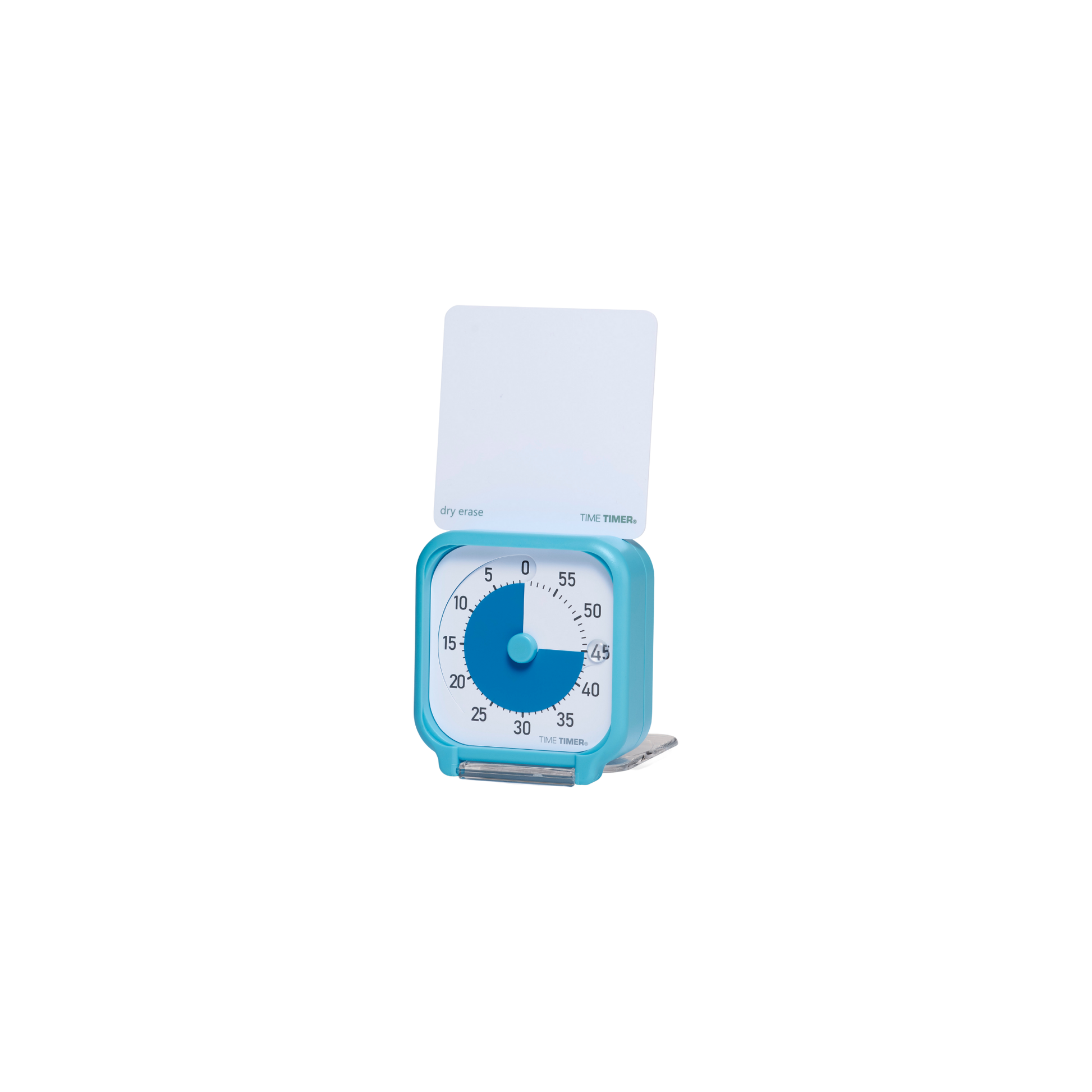 The Time Timer Original (3 Inch) Pocket by Time Timer features a blue square design with a circular minute dial, large central knob, and an attached white dry-erase board, shown standing upright on a white background.