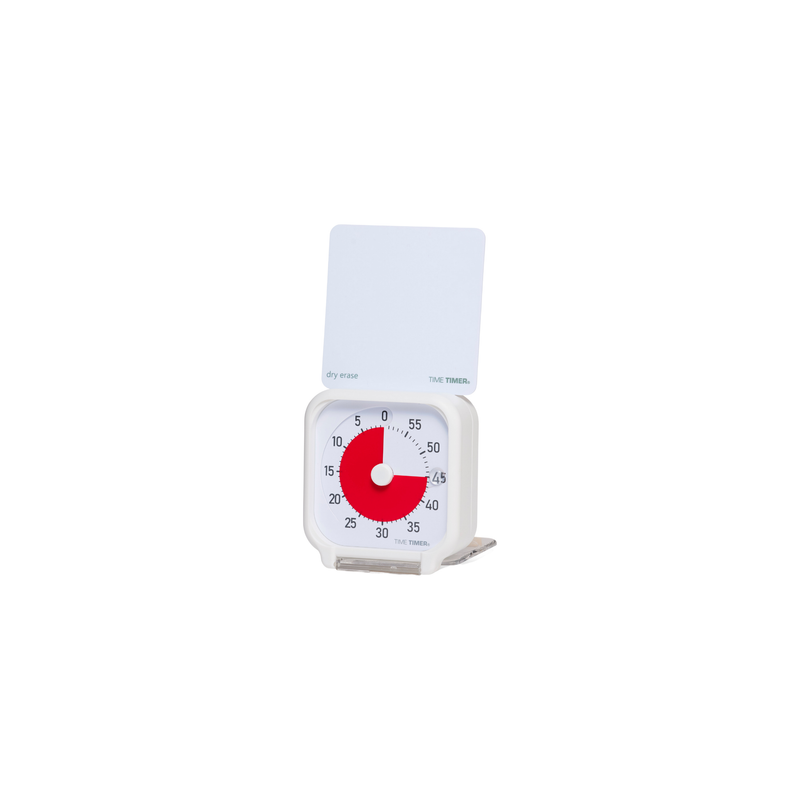 The Time Timer Original (3 Inch) Pocket by Time Timer features a white design with a red countdown disk and an attached dry erase board, displayed on a small metal stand against a white background.