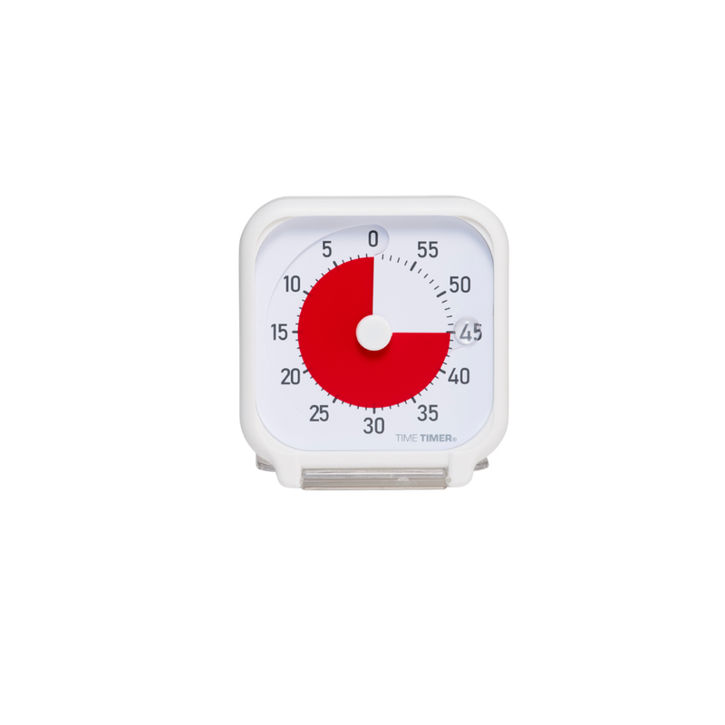 The Time Timer Original (3 Inch) Pocket by Time Timer in white shows 45 minutes left, with a red disk marking time from 45 to 0 minutes. Perfect as a countdown timer or for use with a dry erase activity card.