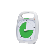 The Time Timer Plus (5 Min) by Time Timer is a white focus timer with a handle, an orange button on the upper right, and a green visual countdown spanning numbers 1 to 5 on the clock face.