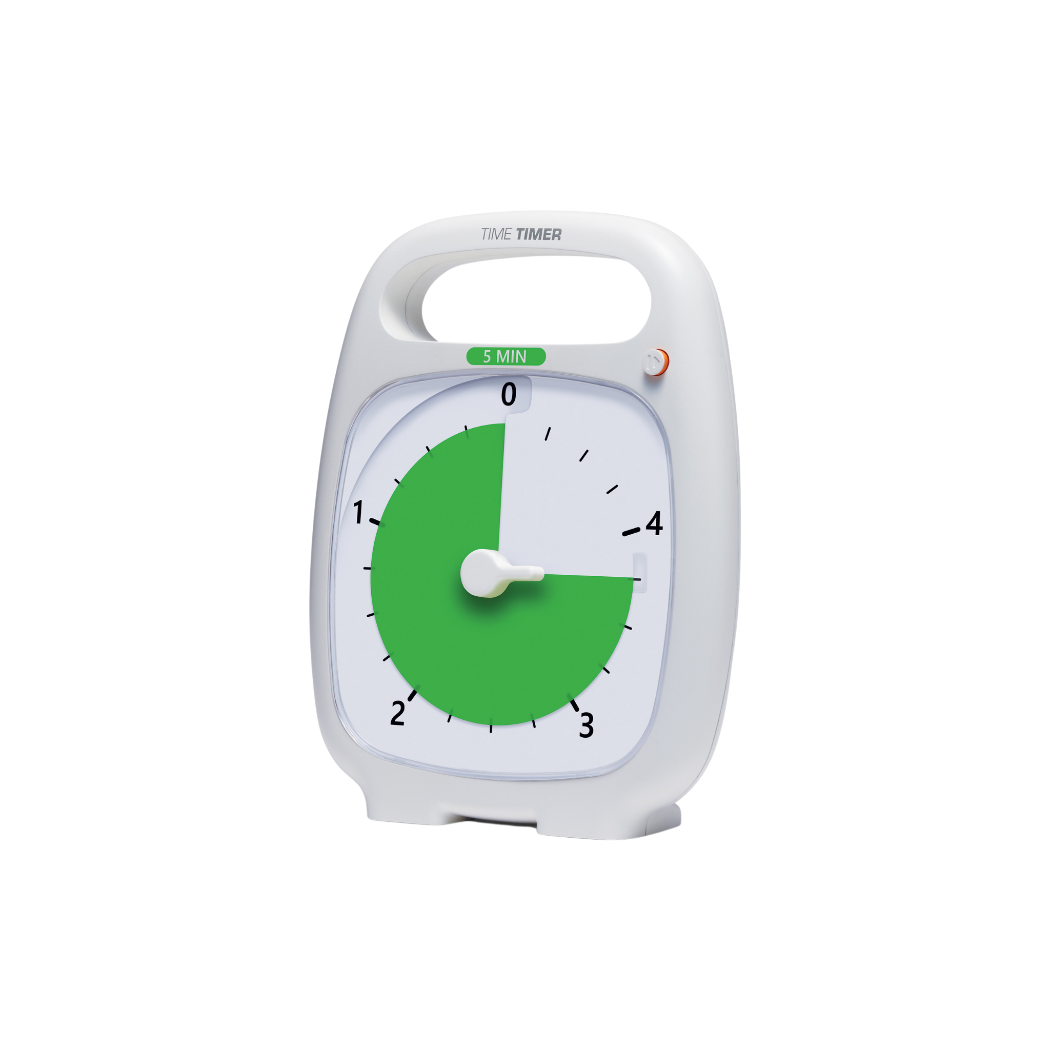 The Time Timer Plus (5 min) by Time Timer is a white timer with a handle, showing 5 minutes left. It features a green section on its circular dial for easy, visual countdown of remaining time.
