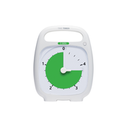 The Time Timer Plus (5 Min) by Time Timer is a white visual timer showing 3 minutes left, with a green section from 12 to 3 on the clock face. It’s labeled "Time Timer" and features a convenient top handle for easy carrying.