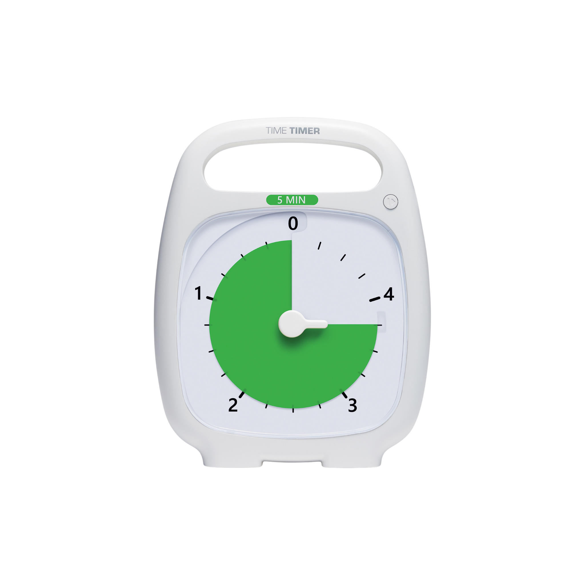 The Time Timer Plus (5 min) by Time Timer is a white timer with a handle, showing 20 minutes left. Its face features a green visual time section and "5 MIN" at the top—ideal as a focus timer for tasks.