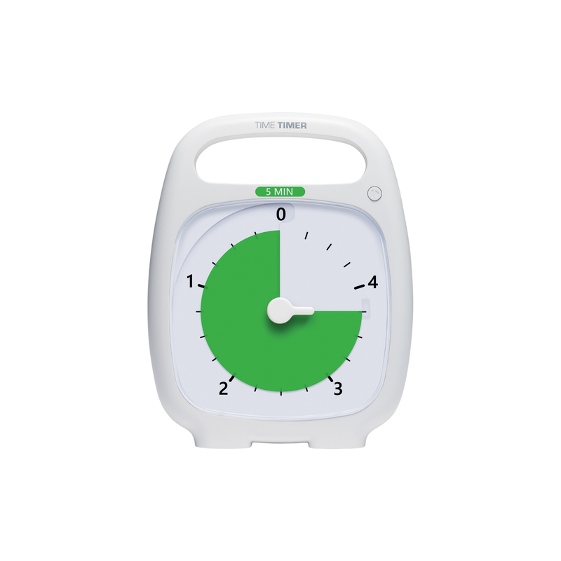 The Time Timer Plus (5 Min) by Time Timer is a white visual timer showing 3 minutes left, with a green section from 12 to 3 on the clock face. It’s labeled "Time Timer" and features a convenient top handle for easy carrying.