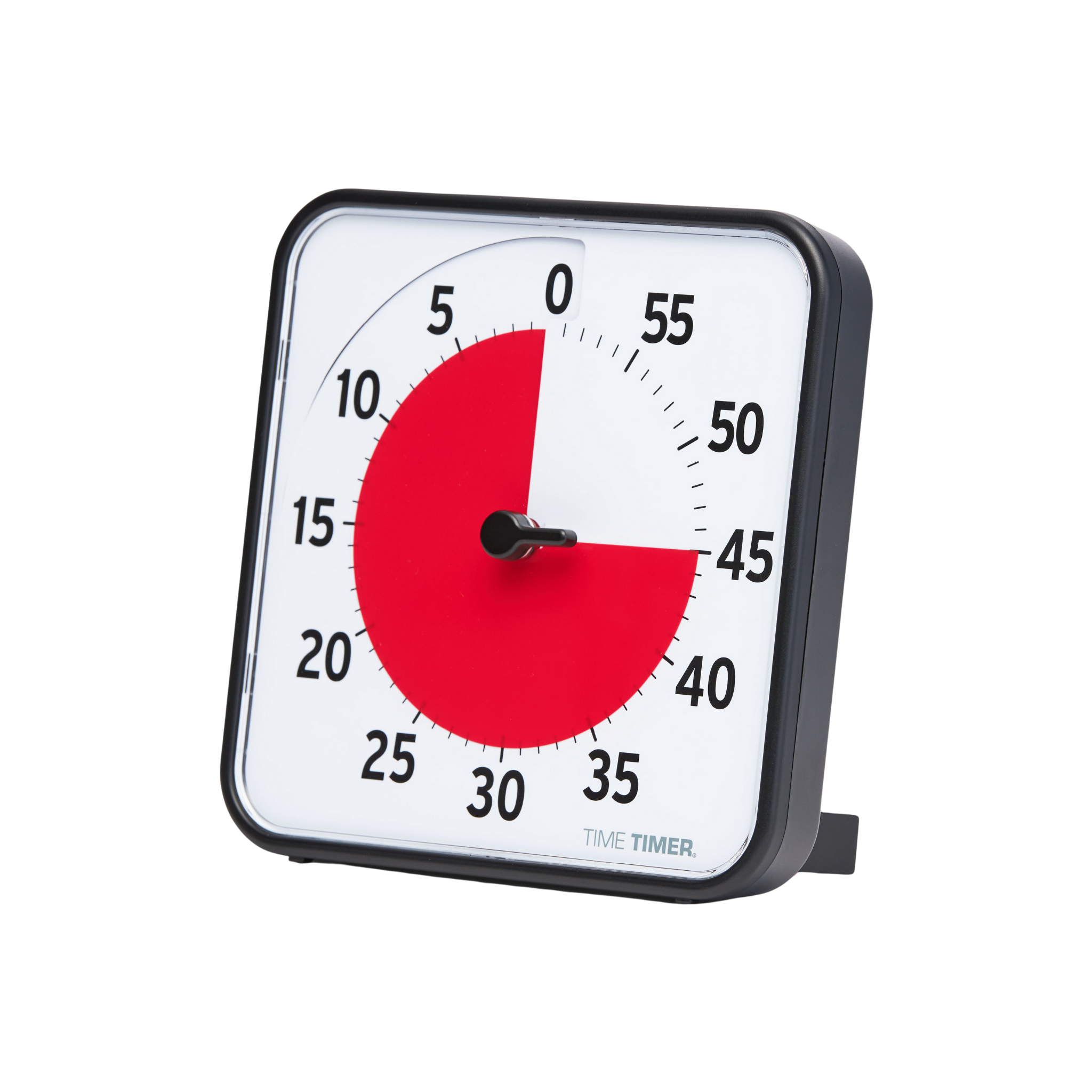 The Time Timer Original (8 Inch) by Time Timer is a square visual timer with a white face, black numbers, and a red disk showing 45 minutes left. It has a sleek black frame, angled slightly right for easy time tracking at a glance.