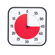 A square Time Timer Original (8 Inch) by Time Timer shows 15 minutes left with elapsed time in red. The black-framed timer displays bold black numbers on a white face, matching its signature countdown style.