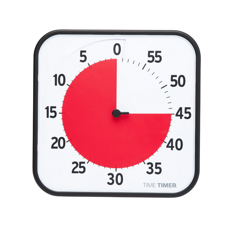 A square Time Timer Original (8 Inch) by Time Timer shows 15 minutes left with elapsed time in red. The black-framed timer displays bold black numbers on a white face, matching its signature countdown style.