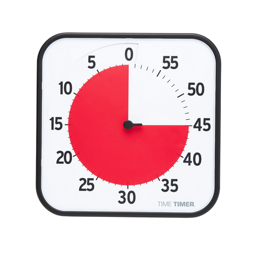 A square Time Timer Original (8 Inch) by Time Timer shows 15 minutes left with elapsed time in red. The black-framed timer displays bold black numbers on a white face, matching its signature countdown style.