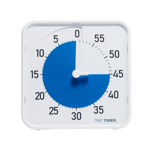 A Time Timer Original (8 Inch) [White] Blue Disk by Time Timer displays 30 minutes left, with a blue disk covering half the face from 0 to 30, and black numerals marking every 5-minute interval around the edge.
