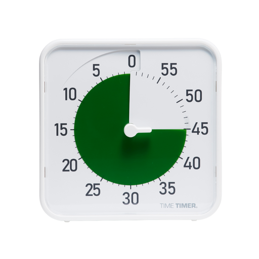 The Time Timer Original (8 Inch) [White] Green Disk features a white face, black numbers, and a green disk showing 35 minutes left. The timer hand points to 35—ideal for time management. "Time Timer" is printed at the bottom right.