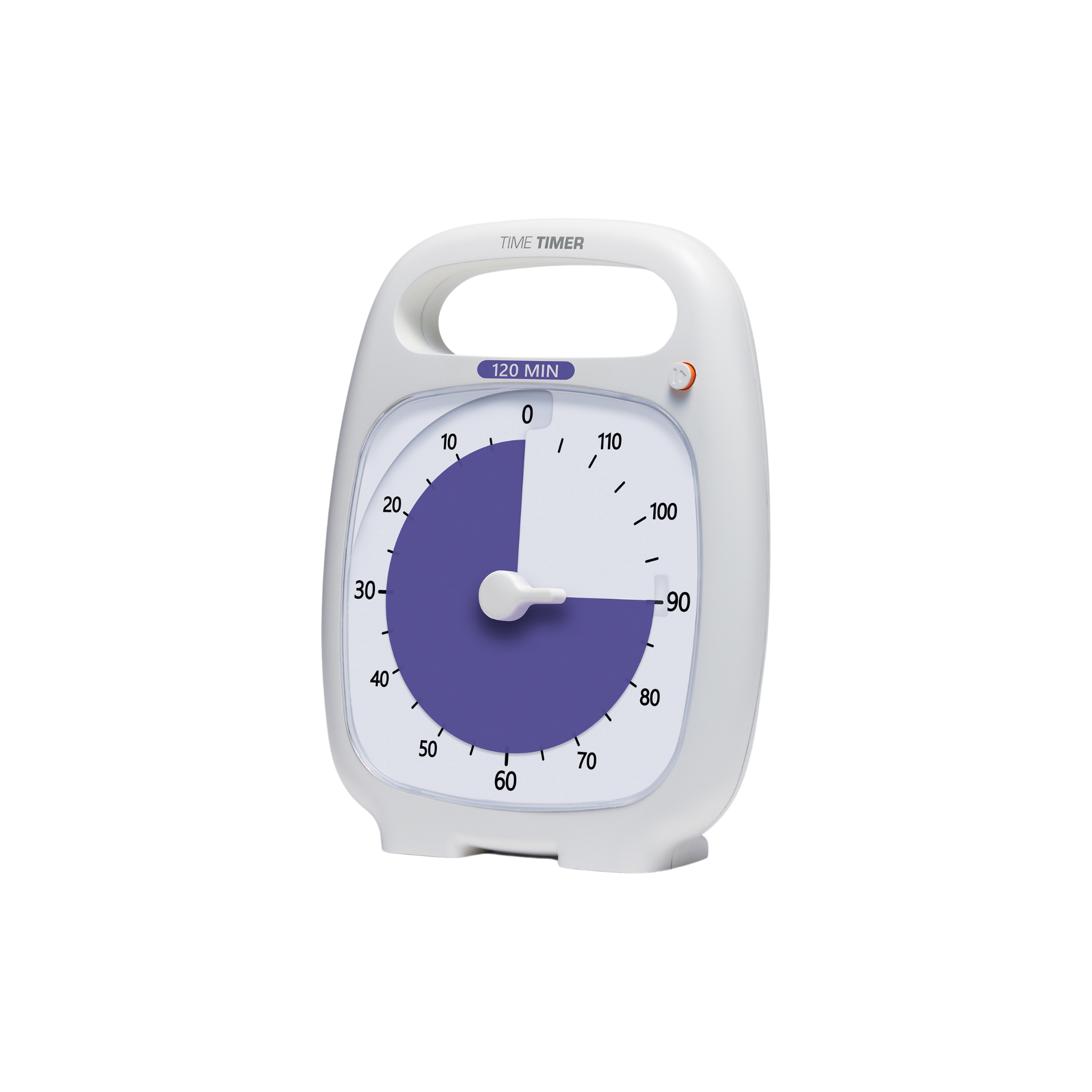 The Time Timer Plus (120 min) by Time Timer is a white, portable visual timer with a handle. Its face features a purple disk showing 90 minutes left, making it ideal for time management.