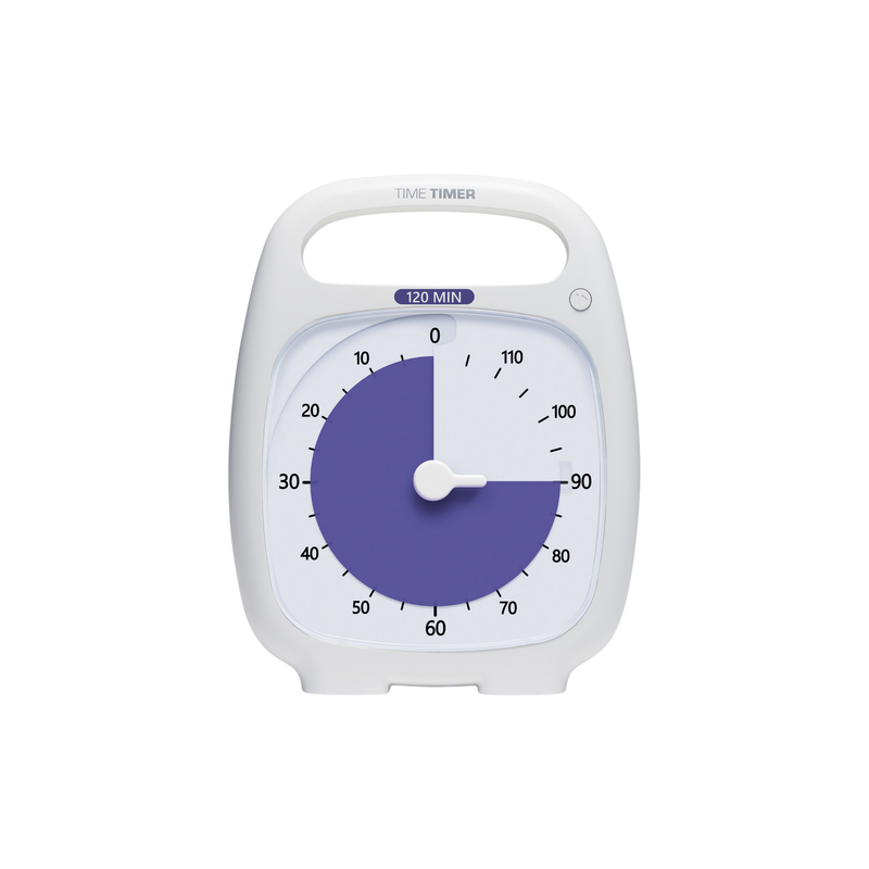 The Time Timer Plus (120 Min) by Time Timer is a white visual timer with a large dial. About 90 minutes remain, shown by a purple section covering three-fourths of the face, ideal for effective time management.