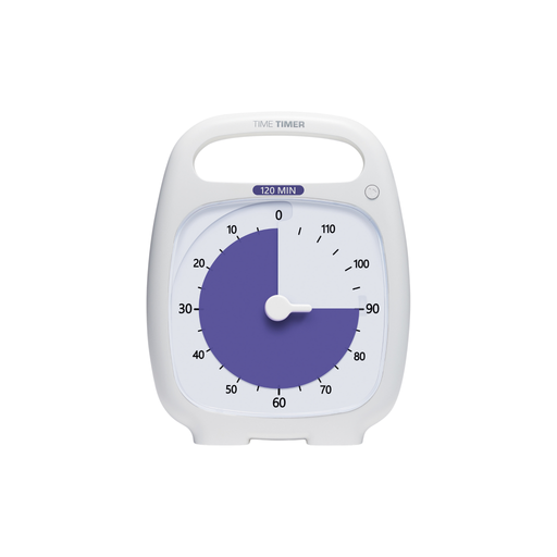 The Time Timer Plus (120 Min) by Time Timer is a white visual timer with a large dial. About 90 minutes remain, shown by a purple section covering three-fourths of the face, ideal for effective time management.