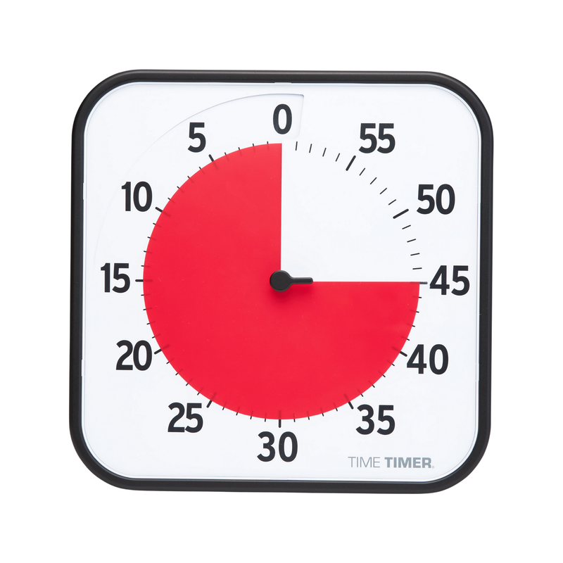 The Time Timer Original (12 Inch) by Time Timer is a square visual timer with black numbers at 5-minute intervals. The red disk shows 45 minutes left, the black hand points to 45, and "TIME TIMER" appears at the bottom right corner.