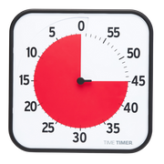 A Time Timer Original (8 Inch) [Black] Red Disk by Time Timer shows 15 minutes left, with a red disk from 0 to 45 on a white face with black numbers and "TIME TIMER" at the lower right.