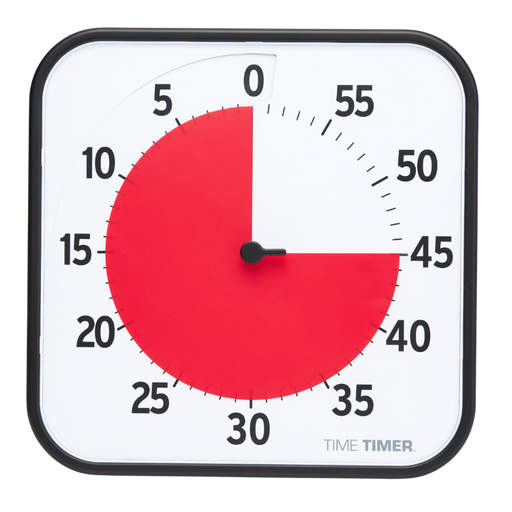 A Time Timer Original (8 Inch) [Black] Red Disk by Time Timer shows 15 minutes left, with a red disk from 0 to 45 on a white face with black numbers and "TIME TIMER" at the lower right.