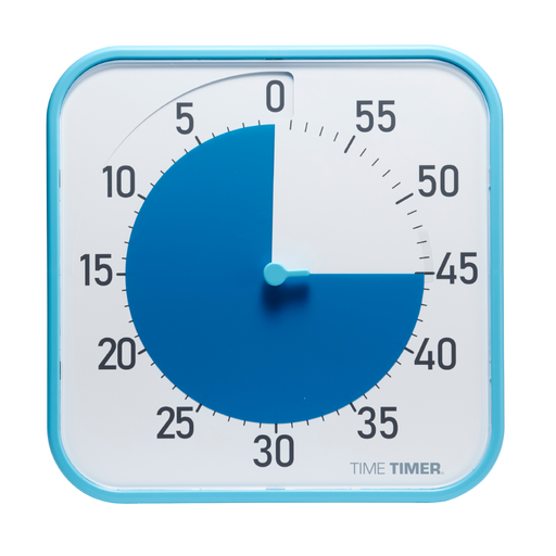 The Time Timer Original (12 Inch) by Time Timer features a blue disk showing 30 minutes left, filling the left half of the clock face. Black numbers mark each 5-minute interval on this 60-minute magnetic visual timer.