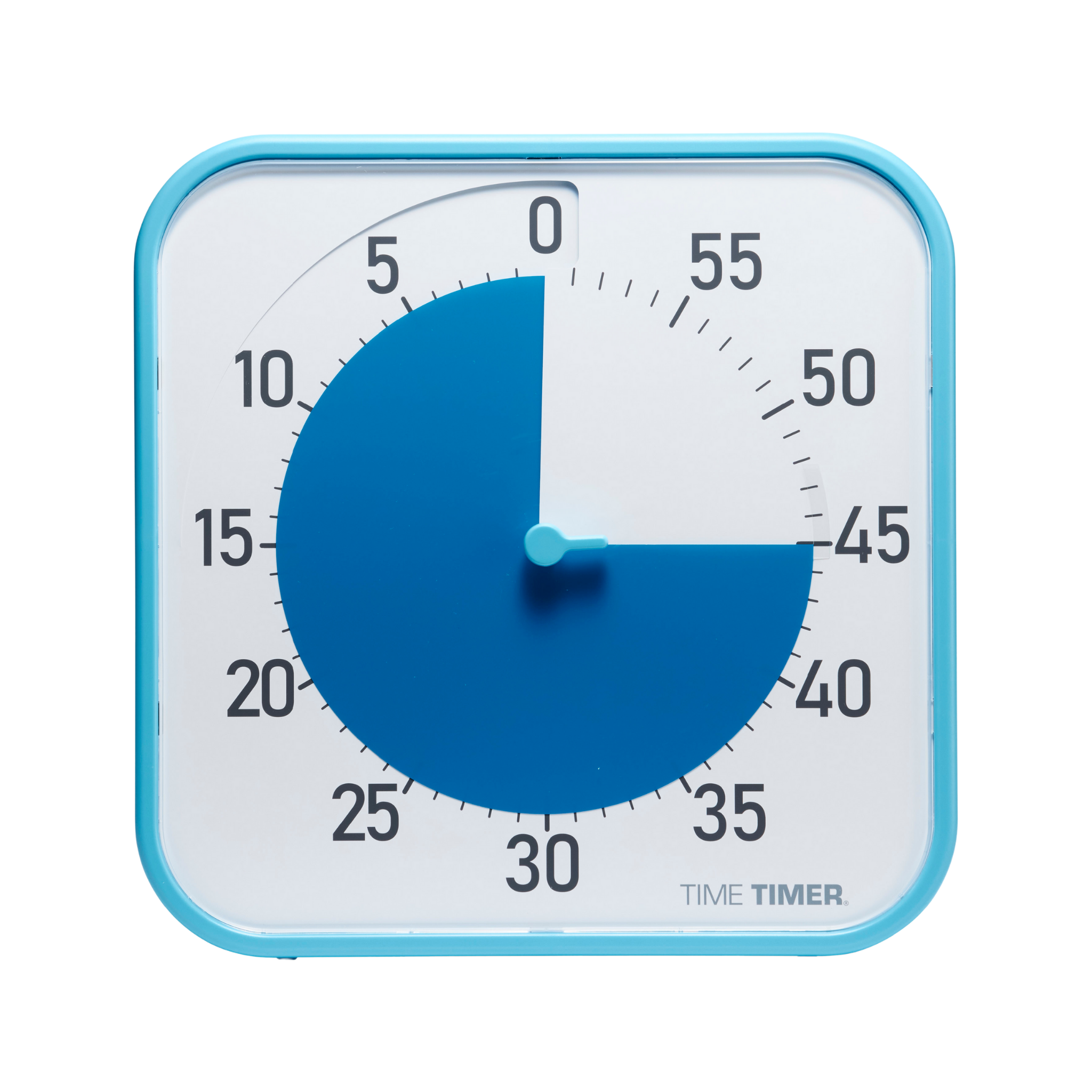 The Time Timer Original (12 Inch) by Time Timer features a blue-framed square face showing 45 minutes left, with a blue disk highlighting the 0–45 span. The hand points to 45, and "TIME TIMER" appears in the bottom right corner.
