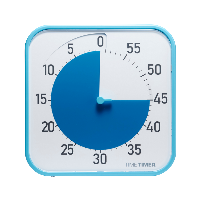 The Time Timer Original (12 Inch) by Time Timer features a blue-framed square face showing 45 minutes left, with a blue disk highlighting the 0–45 span. The hand points to 45, and "TIME TIMER" appears in the bottom right corner.