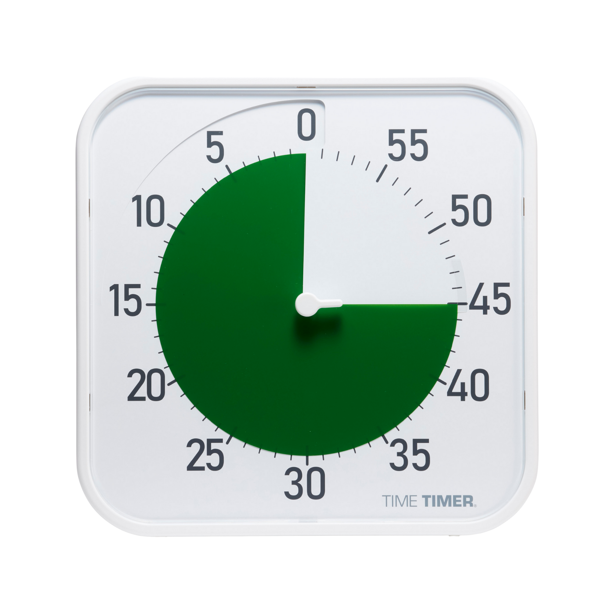 The Time Timer Original (12 Inch) by Time Timer is a square visual timer with a white face and black numbers, displaying 45 minutes left. A green section shows the countdown from 0 to 45 minutes, and the timer’s hand points to the 45-minute mark.