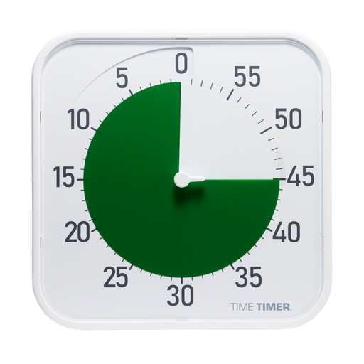 The Time Timer Original (12 Inch) [White] Green Disk shows 30 minutes left, with a green disk covering half the face from 0 to 30. Black numbers mark every 5 minutes, and the Time Timer brand is visible on this 60-minute countdown clock.
