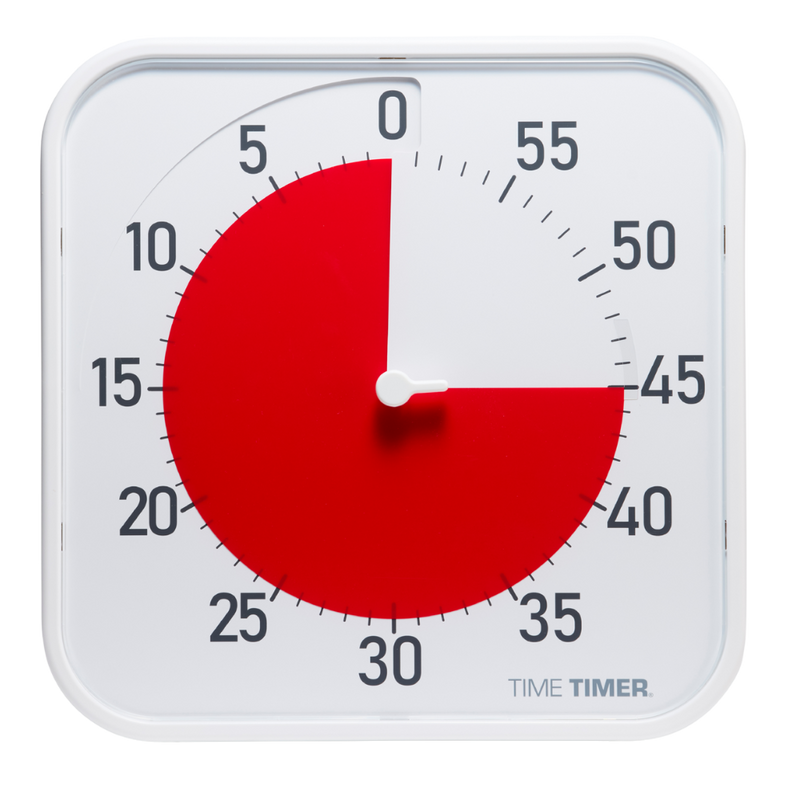 The Time Timer Original (12 Inch) by Time Timer shows 15 minutes left with a red disk from 0 to 15 minutes. The rest of the magnetic timer is white, featuring black numbers and lines to mark each minute.