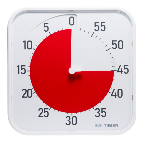 The Time Timer Original (12 Inch) by Time Timer shows 15 minutes left with a red disk from 0 to 15 minutes. The rest of the magnetic timer is white, featuring black numbers and lines to mark each minute.